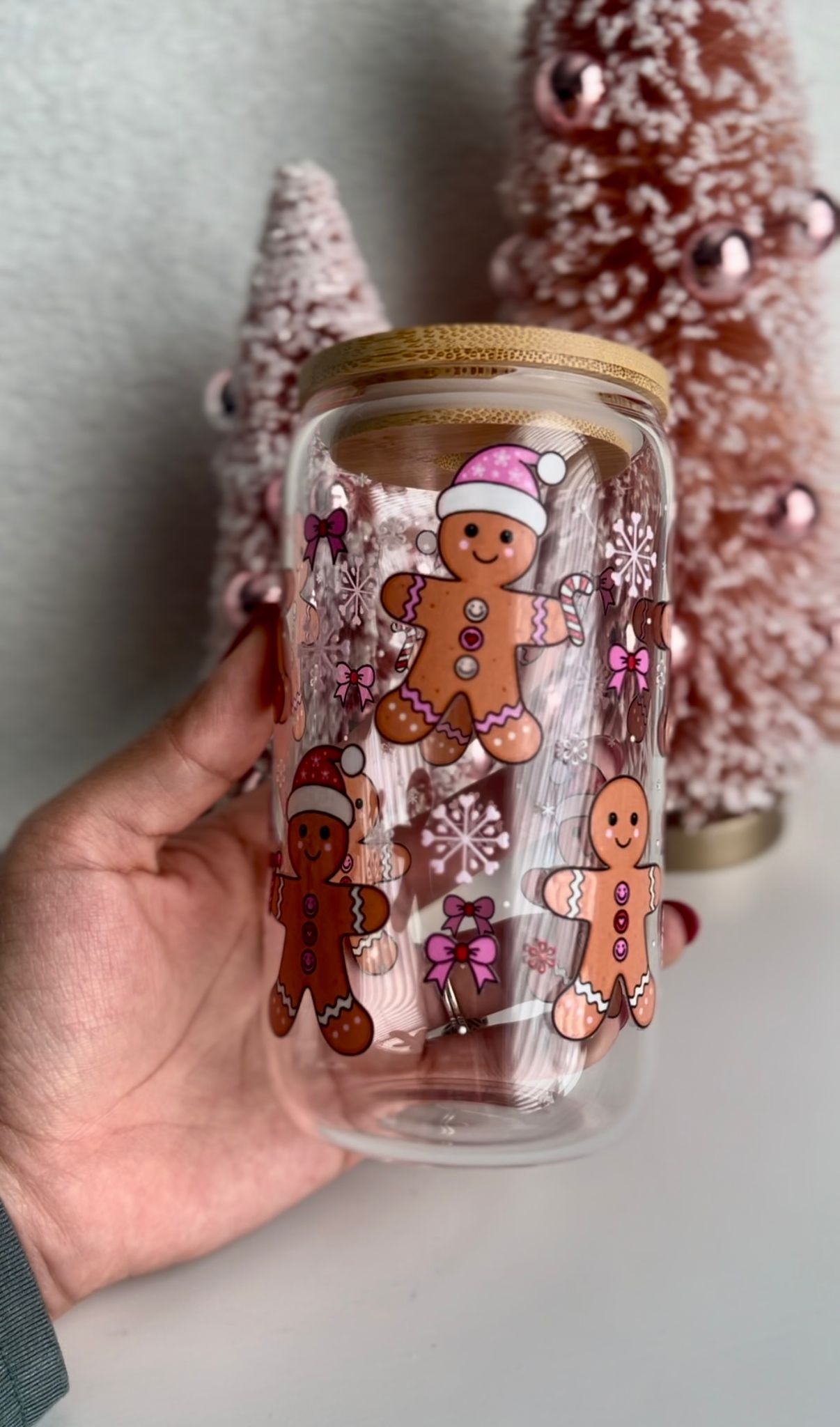 Gingerbread Glass Cups with Bamboo Lid & Glass Straw (UV DTF)