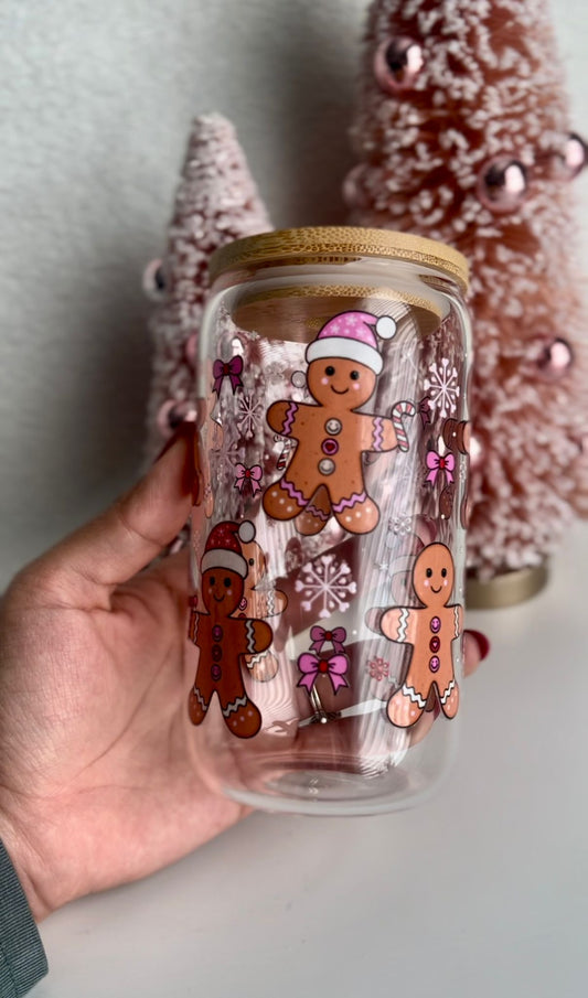 Gingerbread Glass Cups with Bamboo Lid & Glass Straw (UV DTF)