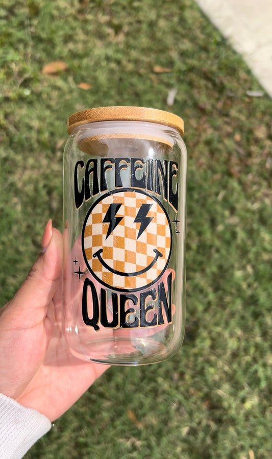 Caffeine Queen Glass Cups with Bamboo Lid & Glass Straw (UV DTF)